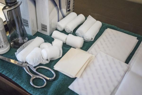This picture is of a table with wound care supplies for managing Epidermolysis Bullosa (EB).